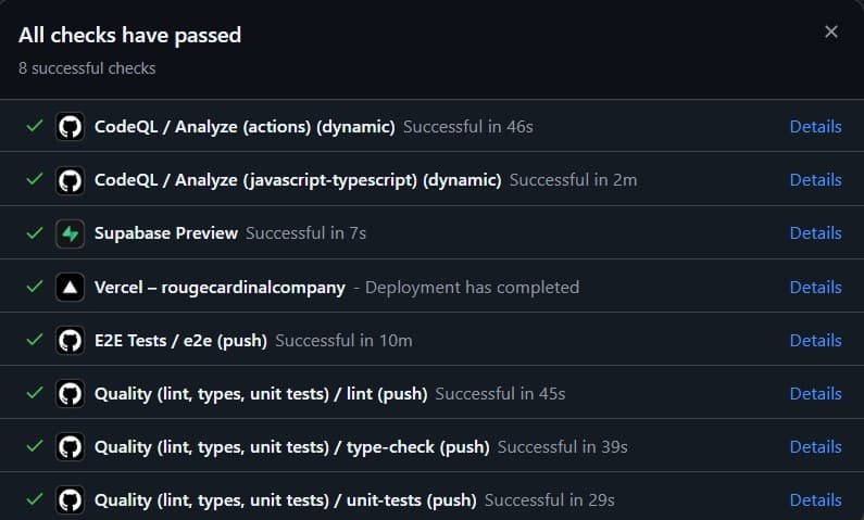 Run GitHub Actions réussi avec huit contrôles validés, dont lint, typecheck, tests unitaires et tests end-to-end.